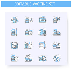 Coronavirus vaccine line icons set. Health care, worldwide medicine. Cure search, vaccine development process stages.Vaccination against covid19 disease.Isolated vector illustration. Editable stroke 