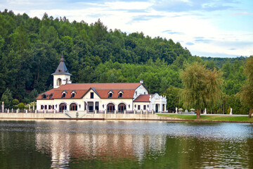 Beautiful, expensive, chic mansion on the lake with trees, forest