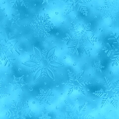 Snowflake seamless pattern. Blue metallic effect foil. Frosty glass with snowflakes. Silver winter background. Glitter texture. Falling scatter irregular, random snow backdrop. Design prints. Vector