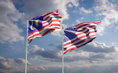 Beautiful national state flags of Malaysia and USA together at the sky background. 3D artwork concept.