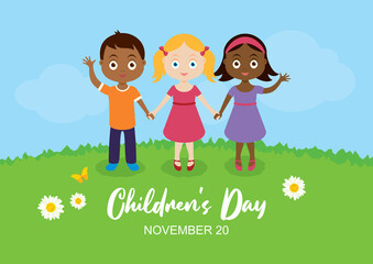 Obraz na płótnie Canvas Children's Day Poster with cute kids in the meadow vector. Happy little boy and girls holding hands vector. Three multicultural children on a meadow icon. Children's Day Poster, November 20