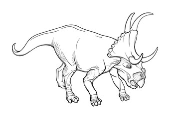 Walking Diabloceratops. Black linear hand drawing isolated on a white background. Coloring Book page. EPS10 Vector illustration
