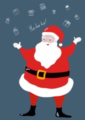 cute hand drawn vector Santa Klaus with presents, Christmas character smiling