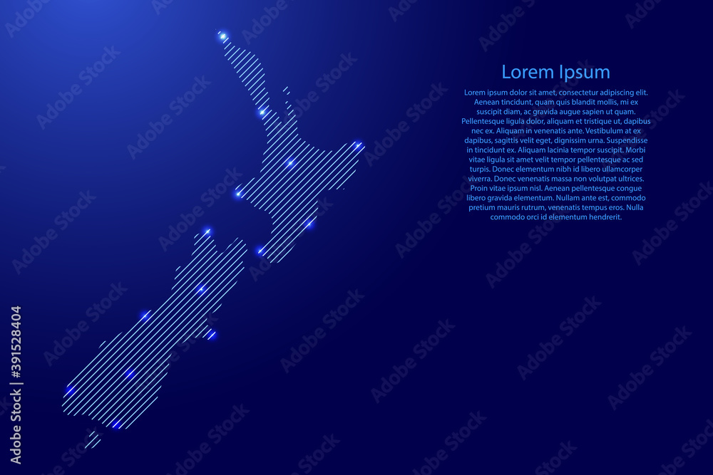 Poster new zealand map from blue pattern slanted parallel lines and glowing space stars grid. vector illust