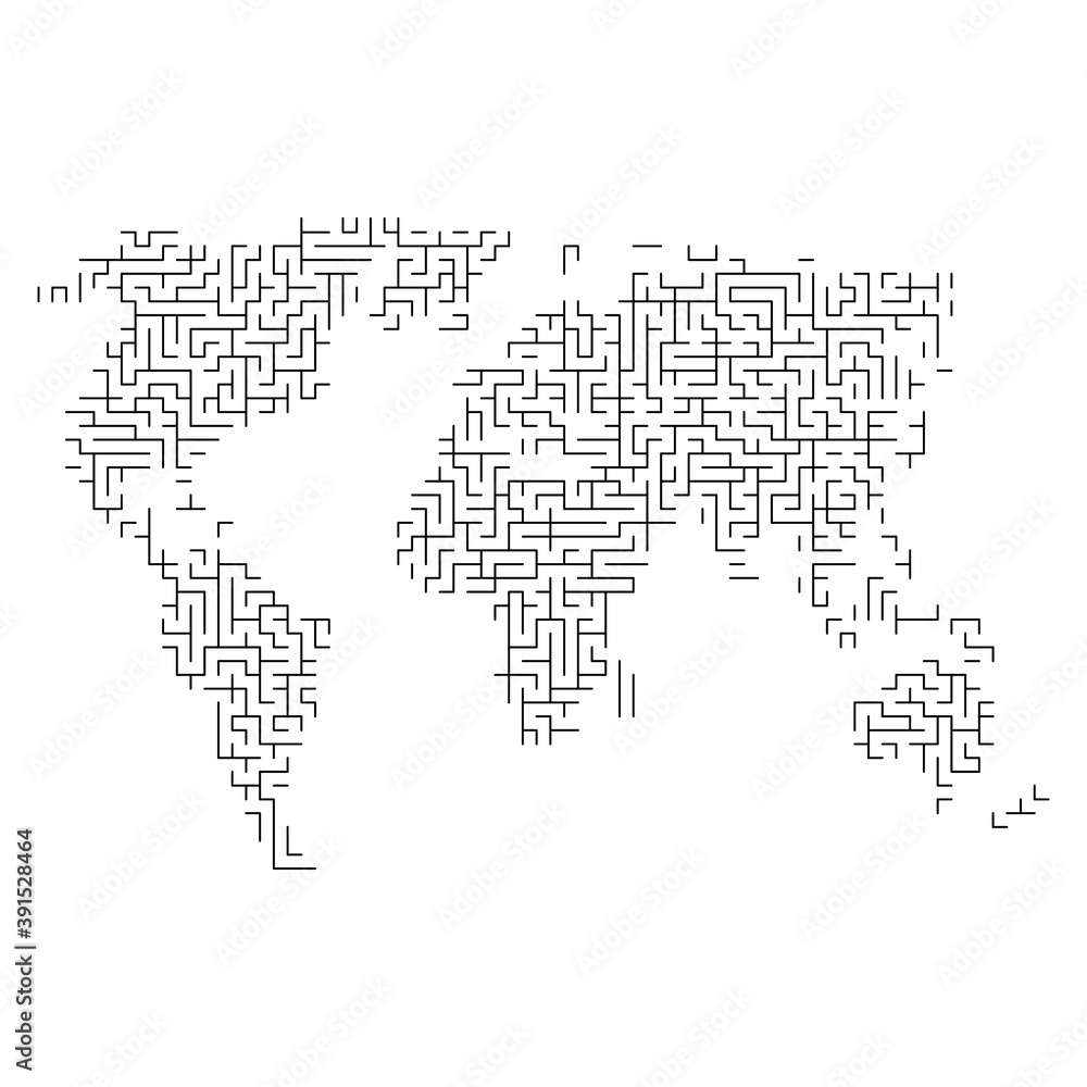 Poster world map from black pattern of the maze grid. vector illustration.