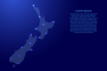New Zealand map from blue pattern slanted parallel lines and glowing space stars grid. Vector illustration.
