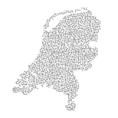 Netherlands map from black pattern of the maze grid. Vector illustration.
