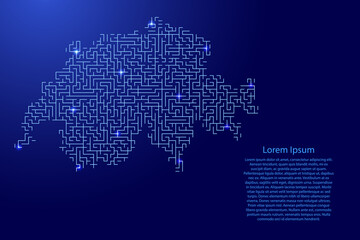 Fototapeta na wymiar Switzerland map from blue pattern of the maze grid and glowing space stars grid. Vector illustration.