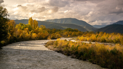 Beutiful yellow autumn forest on a small island with sunlight at Ainsa-Sobrarbe, Aragon, Spain