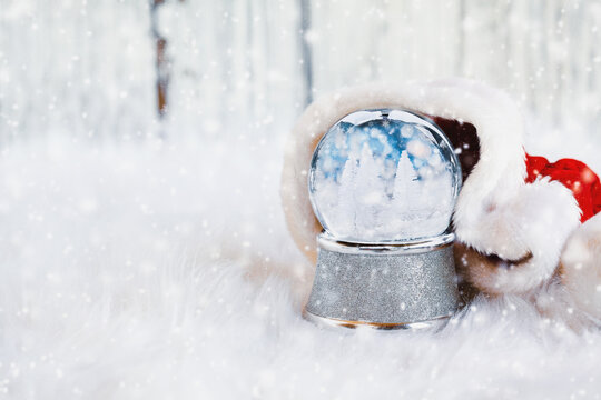 Snow globe with winter scene surrounded by Santa hat with falling snow. Shallow depth of field with selective focus on snowglobe and copy space available.