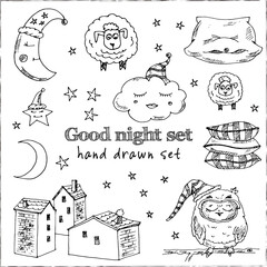 Doodle set of images about good night illustration. Vector illustration