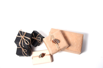 Black gift boxes paper boxes and handmade craft paper packaging. View from above. Isolated. . Copy space