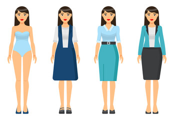 Fototapeta premium Cartoon characters. Woman brunette with short haircut wearing different clothes. Girl in underwear. Businesslady wear business and home dress, skirt and blouse, office suit with jacket. Set of clothes