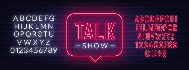 Talk show neon sign on brick wall background. White and red neon alphabets. Vector illustration. - obrazy, fototapety, plakaty