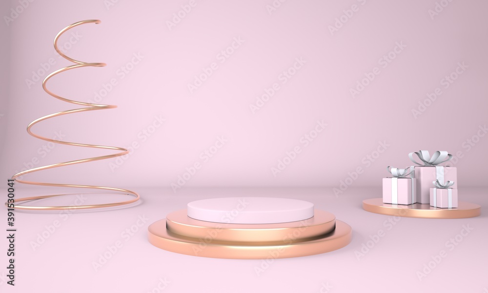 Poster christmas background with christmas tree and stage for product display. 3d rendering.