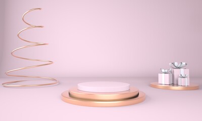 Christmas background with Christmas tree and stage for product display. 3d rendering.