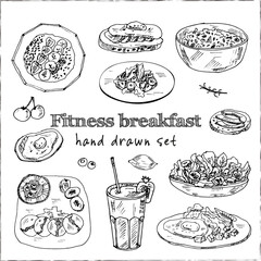Fitness breakfast set with food and drink hand drawn doodles. Vector illustration