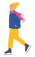 Character wearing winter clothes warm hat and knitted scarf walking in skating boots. Active lifestyle of boy. Skier child on ice rink on vacations. Sportive kiddo resting outdoors vector in flat