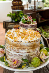 Tasty cake decorated for birthday, anniversary or wedding party.