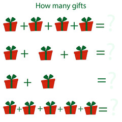 Counting game for preschool children. Educational math game. Count the number of gift boxes and record the result. Adding sheets. Vector illustration