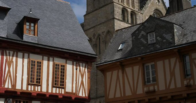 Vannes, Morbihan, Brittany,France.The Vannes cathedral over the old facades, place Henry IV.