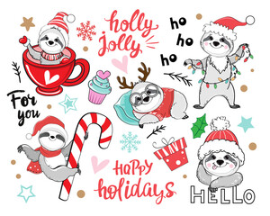 Funny Christmas sloths collection. Vector cartoon illustration. Set for the winter holidays