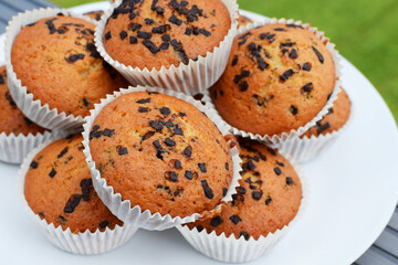 Chocolate - sprinkled homemade tasty muffins or cupcakes on white plate closeup view.
