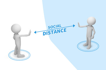 Two people standing keep distance with the word social distancing in between concept, New normal concept, People keeping distance for infection risk and disease Coronavirus. 3d rendering