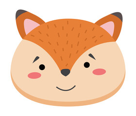 Colorful cute vector fox face. Wild forest animal head one object on a white background. Cartoon flat illustration. Emoji funny animal. Embarrassed smile emotion. Template icon. Logo, sticker.