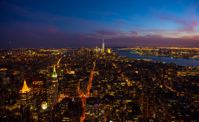 New York Manhattan skyline top view during autumn sunset with amazing colors and sights of skyscrapers