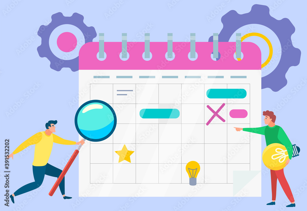 Poster people with calendar vector, schedule with dates and appointments. man with magnifying glass and bul