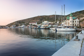 Republic of Crimea, city Balaklava Bay with yachts. Water transport.