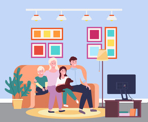 Family evening at the tv. Four member family together smiling sitting io the sofa in front of the televisor. Illustration of mother, father, sun, daughter and a dog sitting on the divan in the room