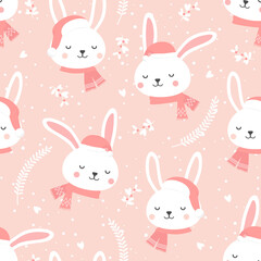 Christmas seamless pattern with bunny background, Winter pattern with white rabbit, wrapping paper, winter greetings, web page background, Christmas and New Year greeting cards