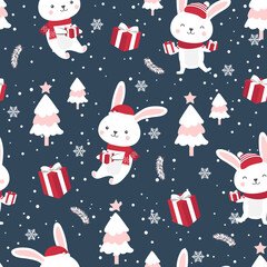 Christmas seamless pattern with bunny background, Winter pattern with white rabbit, wrapping paper, winter greetings, web page background, Christmas and New Year greeting cards