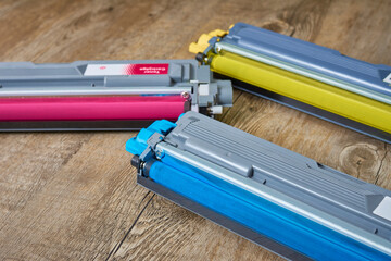 Set of three toner cartridges for color laser printers in yellow, cyan and magenta colors
