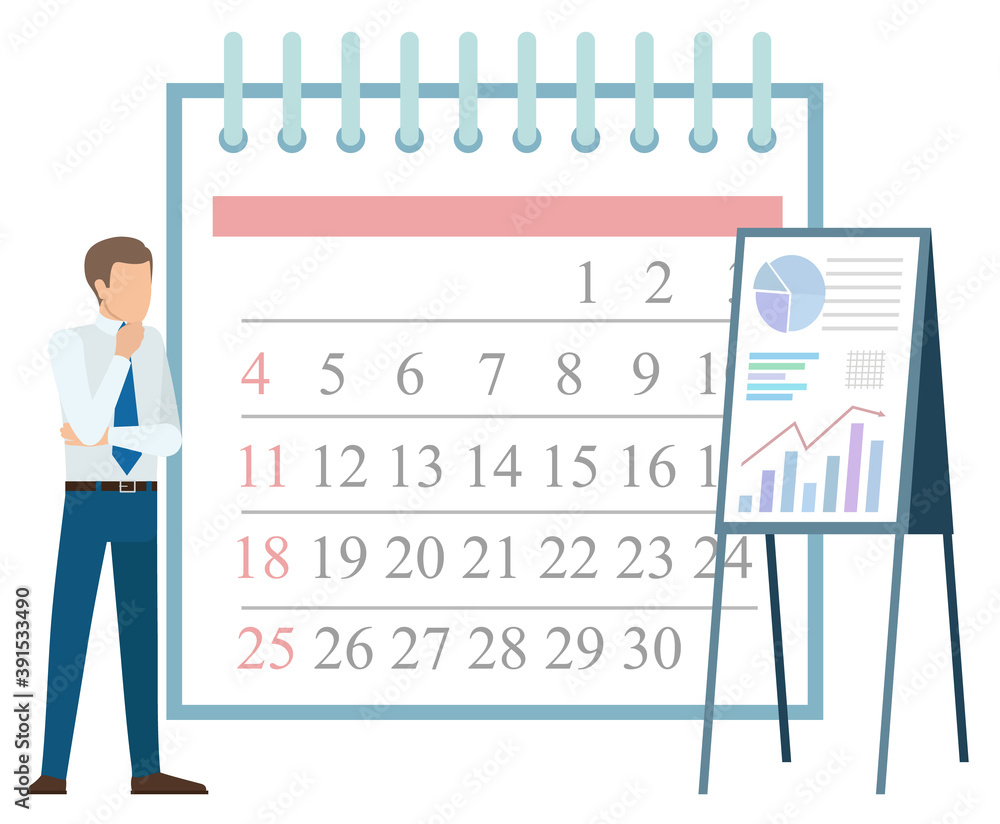 Poster presentation on whiteboard with charts and info vector, calendar with dates. time management and org