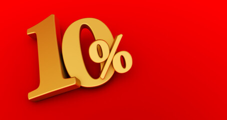10% off. Gold ten percent. gold ten percent on red background. 3D render.