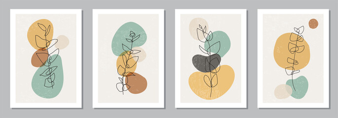 Set of minimalist posters with botanical branch and leaves abstract collage