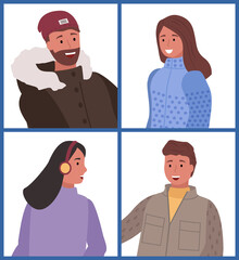 Smiling man and woman cartoon character wearing warm jacket and sweater with hat and earflaps. Brunette male and female in casual style of clothing, People portrait view in winter clothes set vector