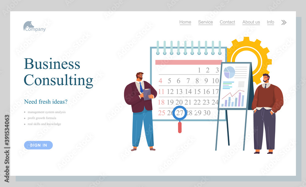 Aufkleber business consulting vector illustration banner. businessmen standing near calendar and flipchart wit