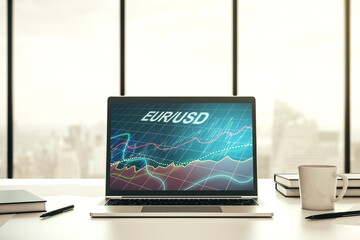 Modern computer monitor with creative EURO USD forex chart hologram. Banking and investing concept. 3D Rendering