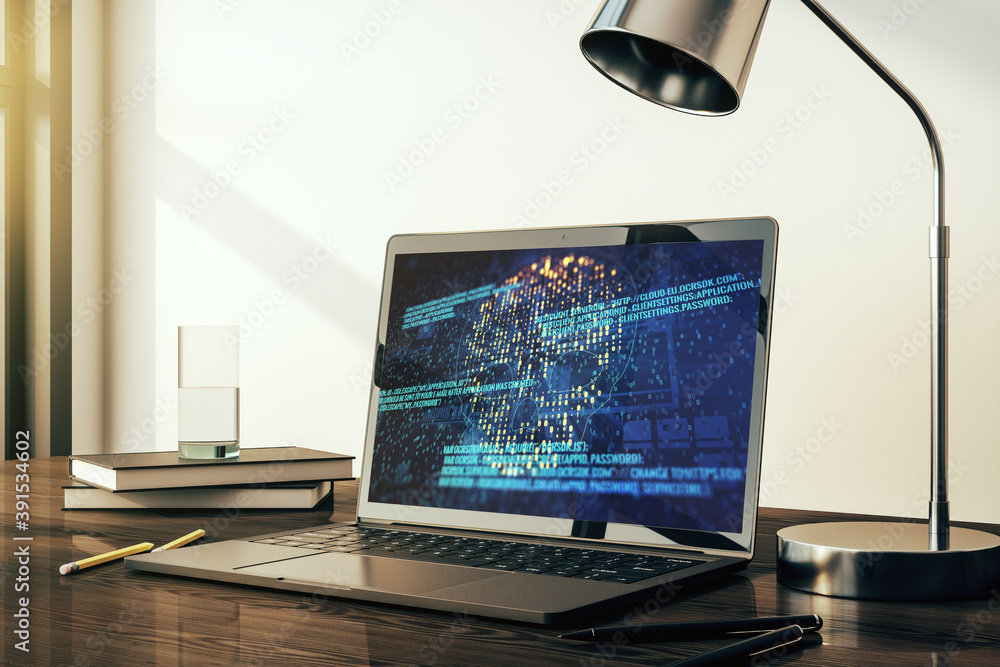 Leinwandbilder creative code skull hologram on modern computer monitor, cybercrime and hacking concept. 3d renderin