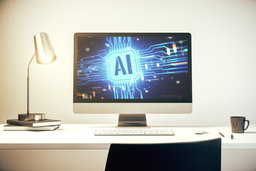 Modern computer monitor with creative artificial Intelligence icon. Neural networks and machine learning concept. 3D Rendering