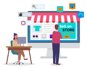 Online shopping concept on computer desk vector flat illustration. People buyer and manager in office. Woman marketer compiles a store page on the Internet. A man selects a product on the site page