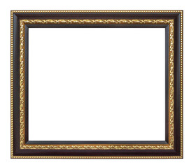 Gold wooden picture frame vintage style and luxury Isolated on white background, Empty oak wood picture frame for decor interior, Concept image muck up,Design wall retro style with blank ornate photo.