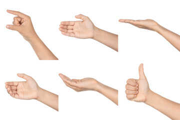 Collection Close up  female hand different gesturing, Set of woman hand measuring invisible items, .Female raised arm present hand spread fingers symbol various,.Hand  isolated on white background.