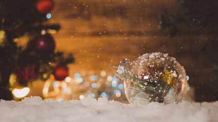 Christmas tree decorated background with snow and bokeh, Christmas and New Year holidays.