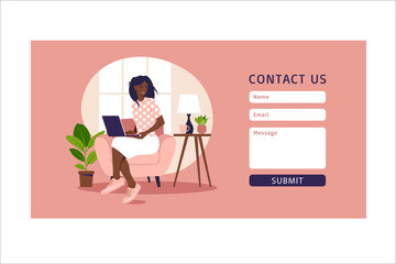 Contact us form template for web and Landing page. African female customer talking with client. Online customer support, help desk concept and call center. Vector illustration in flat.