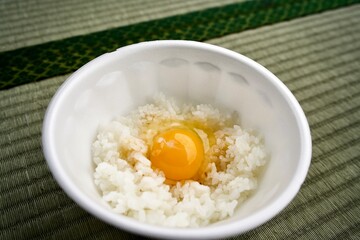 Raw egg on rice for lunch.
